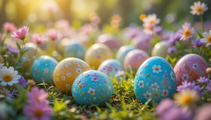 A playful image of colorful Easter eggs hidden in a garden, Easter 2025