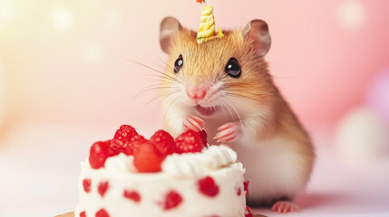 Cute hamster with a birthday cake.