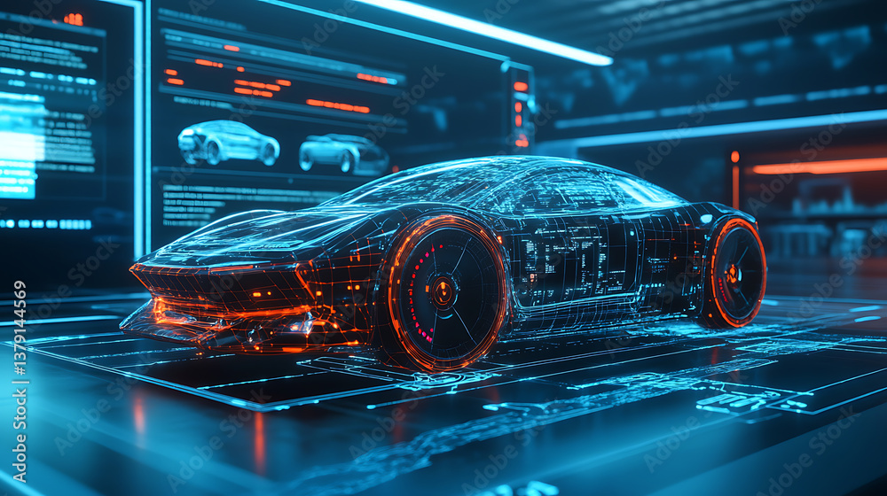 Fototapete hologram of a car in the hud ui style, futuristic service, scanning and automatic data analysis, car