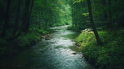 Obraz premium Tranquil river winding through the forest calmness atmospheric photo footage for tiktok, instagram, reels, shorts