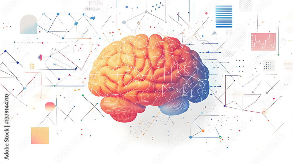 Poster white background with a brain and geometric images