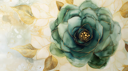 Obraz premium Watercolor green flower is surrounded by cream and gold leaves