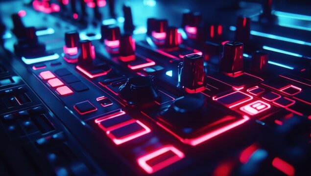 Close-up of a futuristic DJ controller with vibrant neon lighting. Detailed view of buttons, knobs, and sliders