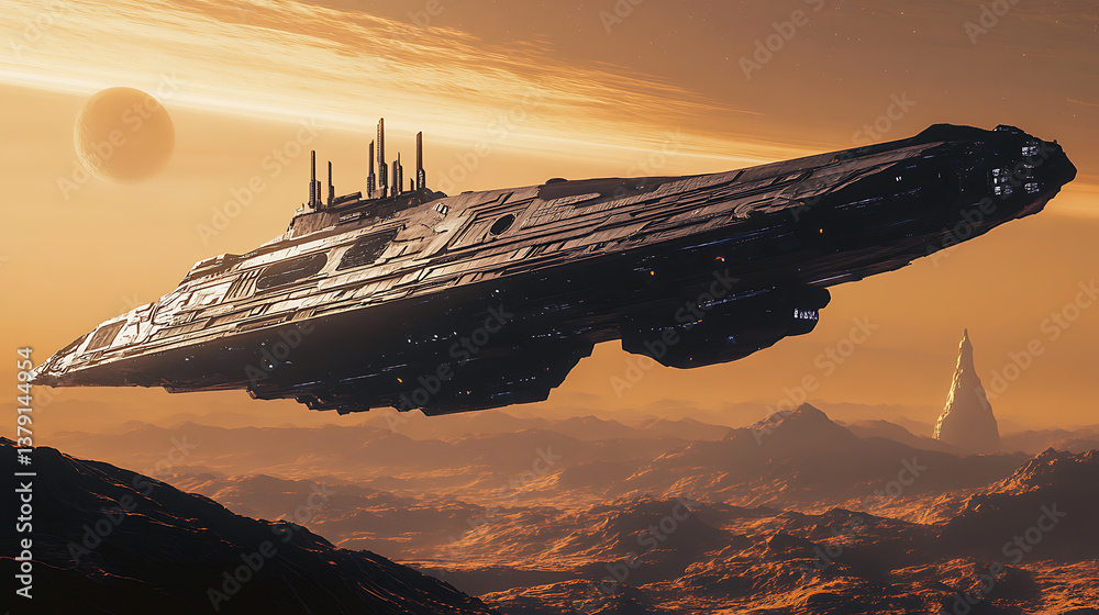 Leinwandbilder wide shot of a spaceship landing on a planet, the spaceship is large and imposing, and it looks like
