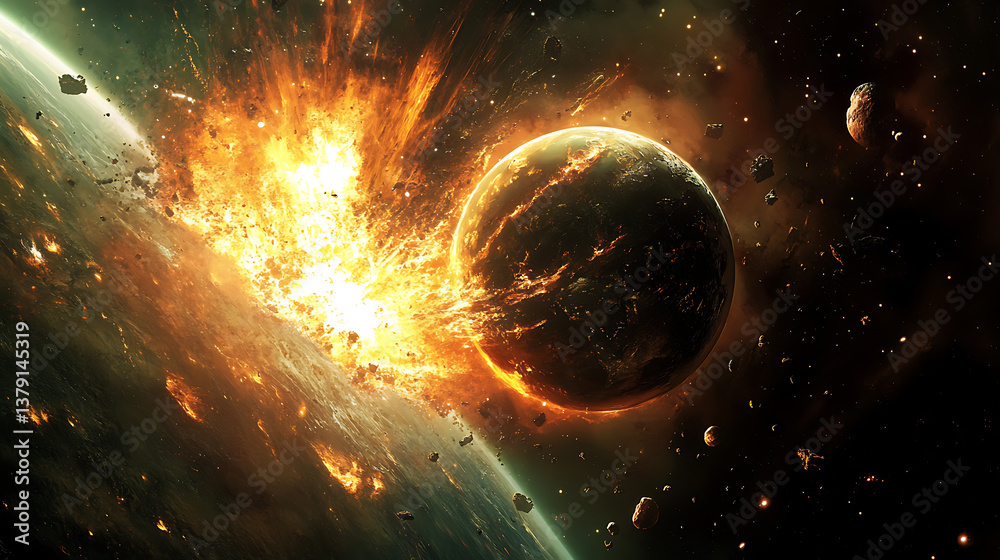 Wall mural image of a two massive planets colliding in space causing a massive explosion, planet in space, expl