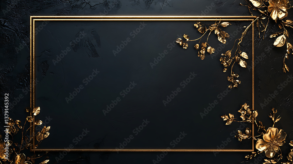 Aufkleber Large gold rectangular frame on the right side of an empty black background with golden decorative elements
