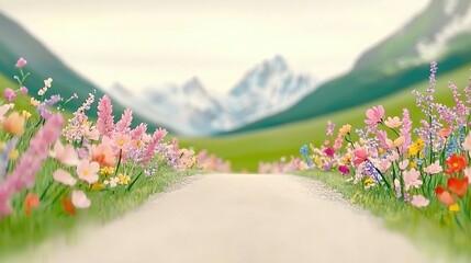 Obraz premium Painting shows a country road with wildflowers in the foreground, while a majestic mountain range is present in the background