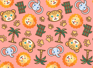 Abstract Hand Drawing Cute Leopard Lion Elephant Mix Animals Seamless Baby Vector Pattern Isolated Background