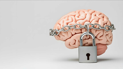 A minimalist surreal image of a brain locked with a dull rusty padlock and chained tightly The brain is organic and soft while the chain and lock are rough met
