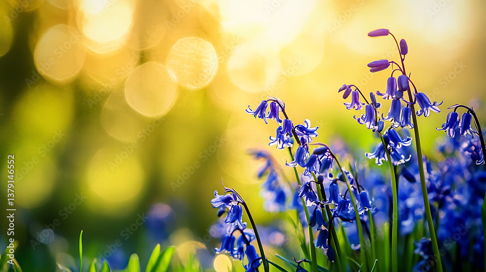 Poster close of bluebells flowers in the woods in spring, forest idyllic panoramic scene with bokeh backgro