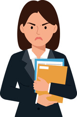 Professional woman frowning while holding files in a minimal flat vector illustration