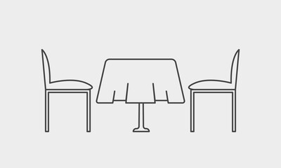 Fototapeta premium Restaurant table with tablecloth and chairs illustration. Cafe furniture. Front side view. Vector 