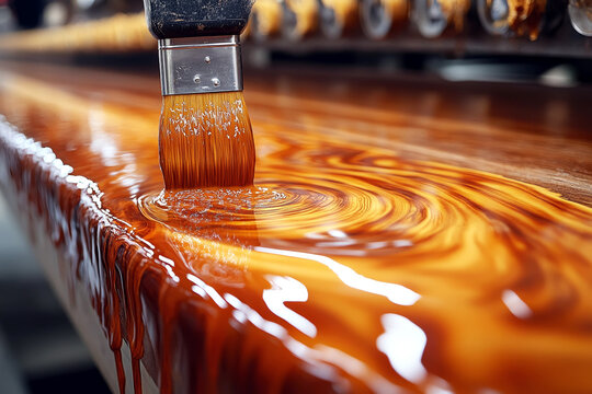 brush spreading glossy varnish on wood surface with fluid swirls and drips in fine furniture workshop