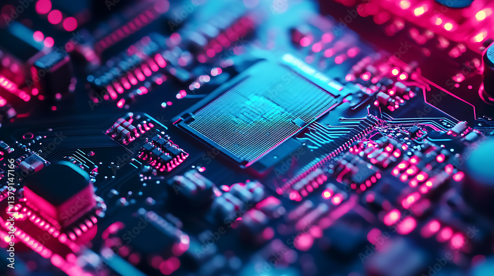 Poster Close up of a computer circuit board with neon lights
