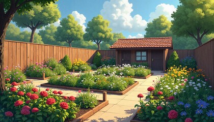 Obraz premium Lush garden with vibrant flowers and cottage in sunny landscape, Flower beds in bloom