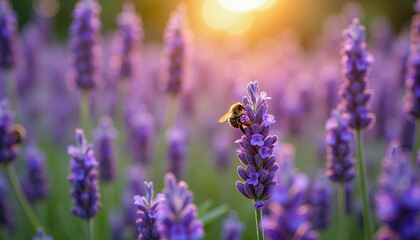 Naklejka premium Bee collecting nectar from lavender flowers at sunset, Flower beds in bloom