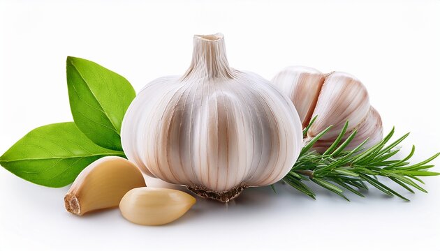 garlic and herbs on a white background isolated close up