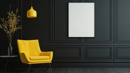 Blank frame mockup in dark interior room with bright yellow furniture.