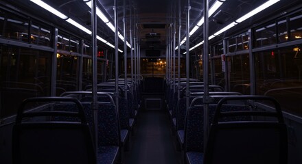 Obraz premium Interior of an empty bus illuminated by overhead lights, creating a calm and quiet atmosphere at night, showcasing the rows of seats and reflections on the windows.