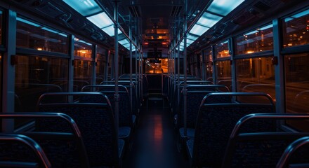 Fototapeta premium Empty urban bus interior illuminated by blue and orange lighting conveying a sense of solitude and calm while featuring rows of seats and darkened windows