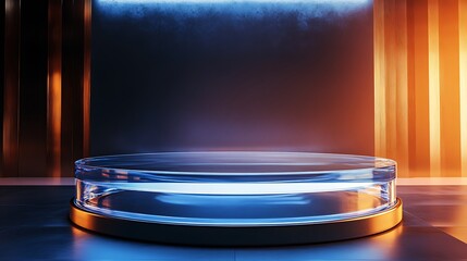 Modern transparent podium design with suspended ring and reflection photos