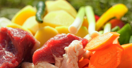 In the lap of nature Raw meat, potatoes, onions and other vegetables in a bowl on a fire