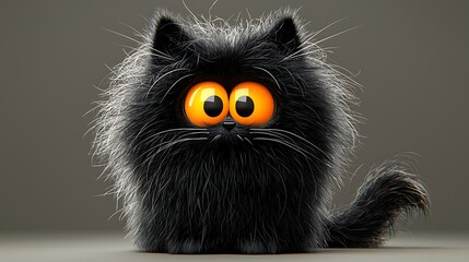 Fototapeta premium Fluffy Black Cat with Orange Eyes 3D Cartoon Rendering