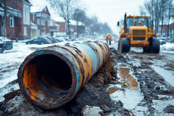 Large rusty pipeline on snowy street during roadworks with heavy machinery and muddy ground in cold urban environment