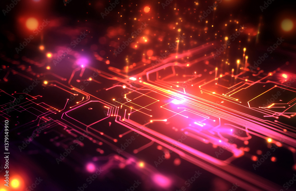 Poster abstract tech background with glowing circuit board lines and data flow visualization concept design