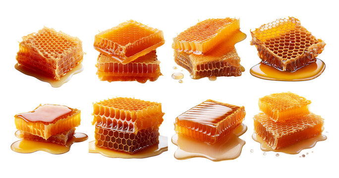 Fresh Honeycomb Pieces with Dripping Honey on Bright Background, isolated on transparent background