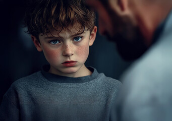 Sad boy in grey sweater listens to adult man during serious emotional parent-child conversation indoors, closeup moment
