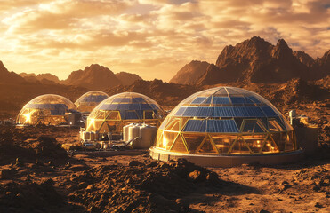 Mars colony habitat domes futuristic space exploration settlement on red planet landscape environment
