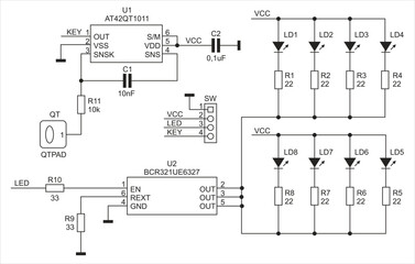 Schematic diagram of digital electronic device on paper sheet. Vector drawing electrical circuit with 
integrated circuit, led indicator, pressure sensor, connector, diode, capacitor, resistor, other.