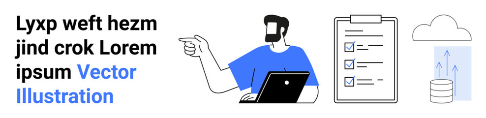 Man with a laptop pointing, checklist clipboard, database icon, cloud upload. Ideal for team projects, data management, task organization, cloud computing, technology solutions workflow planning