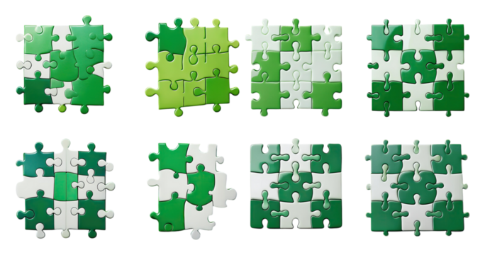 Various Green Puzzle Pieces Arranged in a Creative Pattern, PNG bundle collection, Isolated on Transparent Background