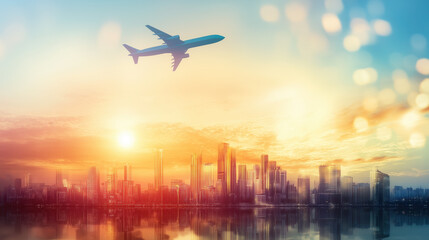 Airplane flies over a modern city with a sunset sky in the background.