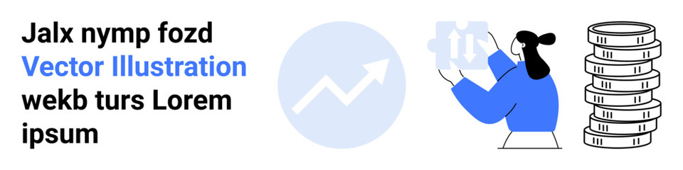 Person reviewing data charts with upward arrow graph and coin stacks, symbolizing success and finance. Ideal for business, economy, investment, analysis, saving, fintech, simple landing page