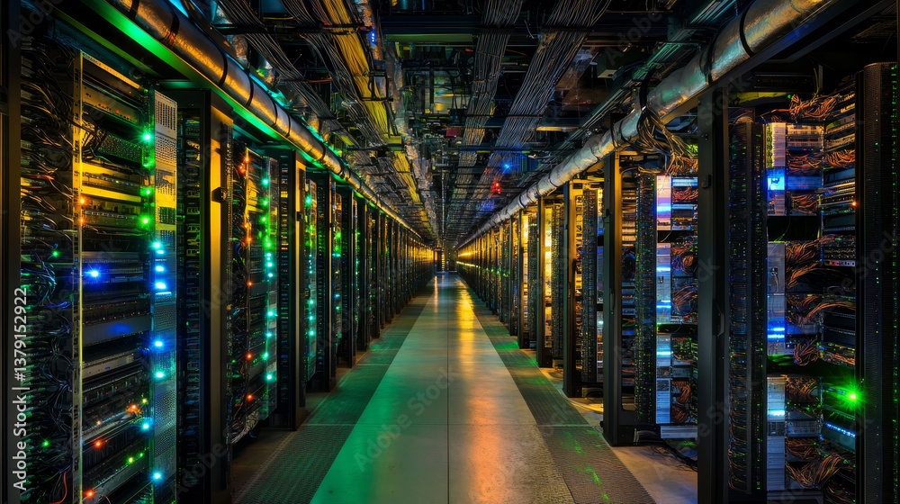 Poster shot of a corridor in large working data center full of rack servers and supercomputers.