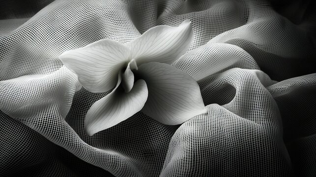   A white flower resting atop an organe-netted black and white fabric bedcover