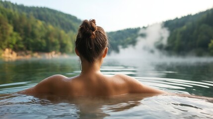Fototapeta premium Digital Detox Retreats, A serene scene featuring a person relaxing in calm water, surrounded by lush greenery and mist, evoking tranquility and connection with nature.