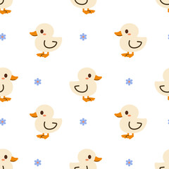 Seamless flat style pattern with cute white ducklings and small blue flowers on white background, perfect for kids’ products, textiles, wrapping paper, and spring-themed designs