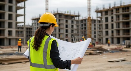 Construction Blueprint: A female architect reviewing blueprints on a construction site, surveying the progress of a new building with focused attention amidst a backdrop of ongoing construction.