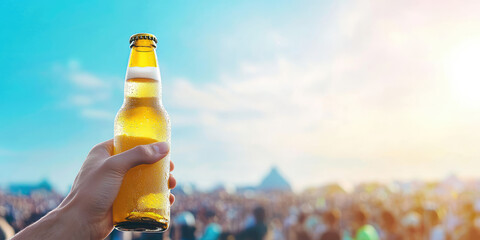 A hand holds a bottle of beer against a blurred background of crowds at an outdoor rock music festival. Crowd cheers music event at summer. 