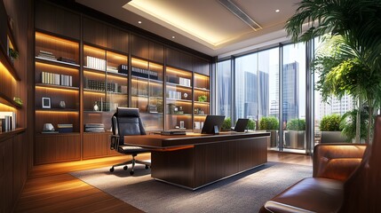 Executive Office Interior Design: A spacious, modern executive office boasts a rich dark wood finish,  luxurious leather furniture, built-in shelving, and a breathtaking cityscape view.