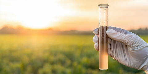 A hand in a medical glove holds a test tube with a soil sample for soil analysis against a background of farmers fields. Examining carbon sequestration, Testing ph level 
