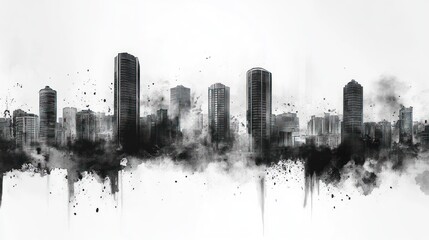 Obraz premium Monochromatic Cityscape: An Ink Wash Skyline