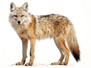 Obraz premium Coyote in the Daylight: A stunning photograph showcasing a captivating coyote, its gaze focused, set against a plain backdrop.