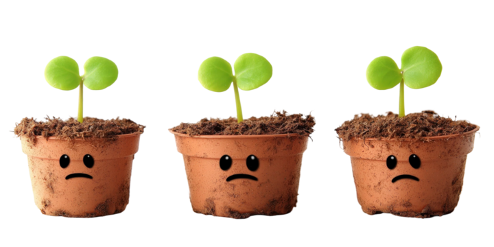 Cute potted plants with sad faces representing emotions of nature, growth struggles, and environmental awareness, ideal for educational and artistic projects