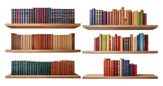 Colorful Book Shelves Filled with Various Books in Different Sizes, PNG bundle collection, Isolated on Transparent Background