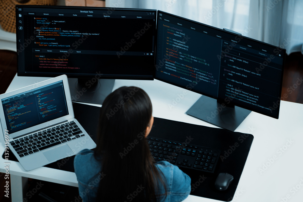Poster top view young asian it developer creating with typing online information on pc with coding program 